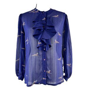 Vintage Contessa Monique Chiffon Blouse Indigo Purple Pheasant Sheer Ruffle 10 M